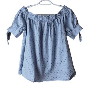 CeCe Womens Medium Off Shoulder Blue Gingham Swiss Dot Puff Sleeve Blouse